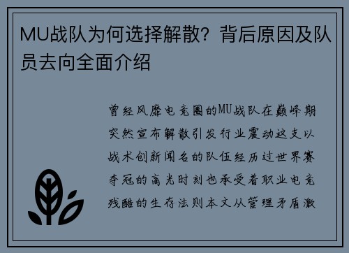 MU战队为何选择解散？背后原因及队员去向全面介绍